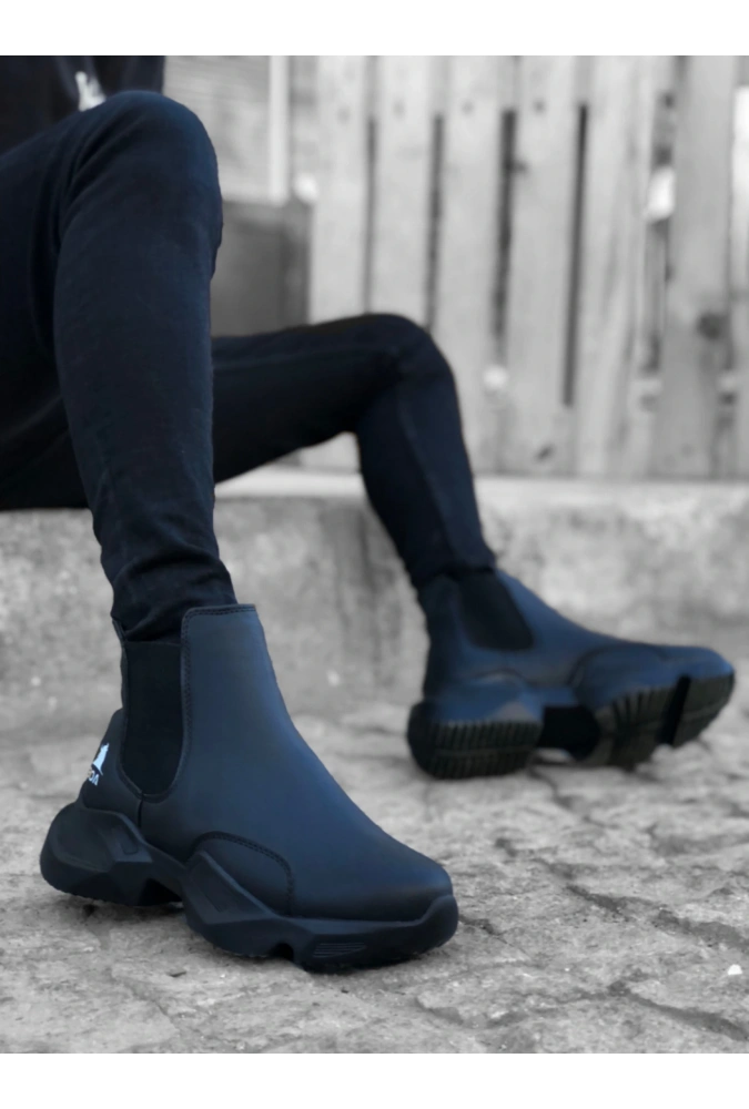 Shoecide Sb0444 Bağcıksız Rahat Yüksek Taban Siyah Erkek Spor Yarım Bilek Bot