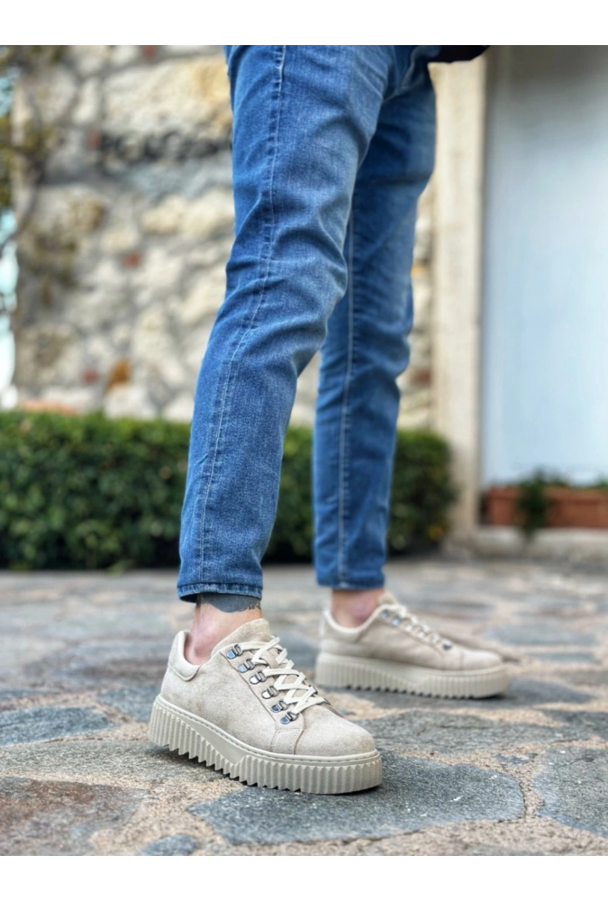 Shoecide Sb0505 Çengel Bağcıklı Krem Renk Yüksek Tabanlı Günlük Ayakkabı