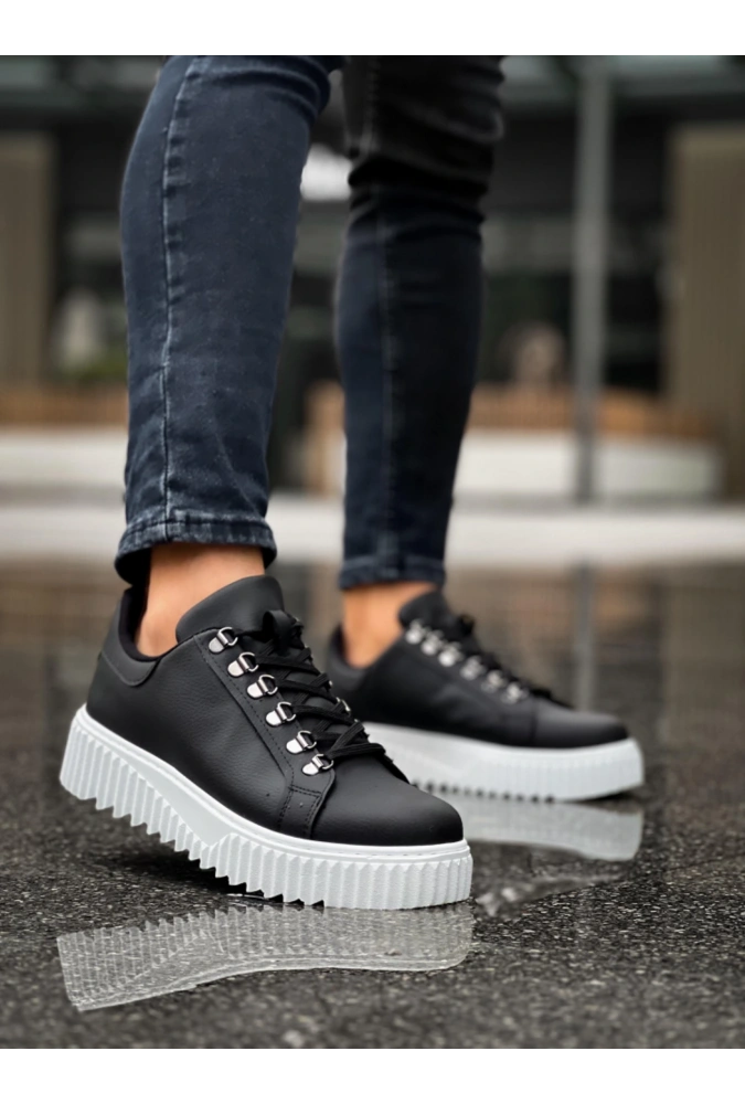 Shoecide Sb0505 Çengel Bağcıklı Siyah Renk Beyaz Tabanlı Günlük Ayakkabı