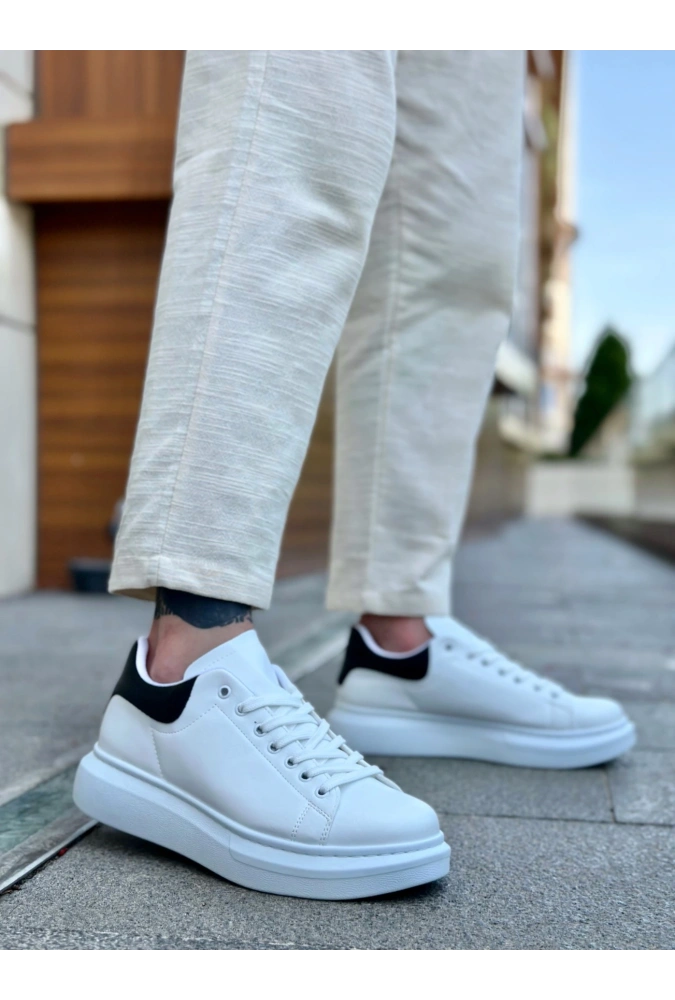 Shoecide Sb0547 Boa Kalın Yüksek Taban Beyaz Siyah Bağcıklı Spor Erkek Ayakkabı