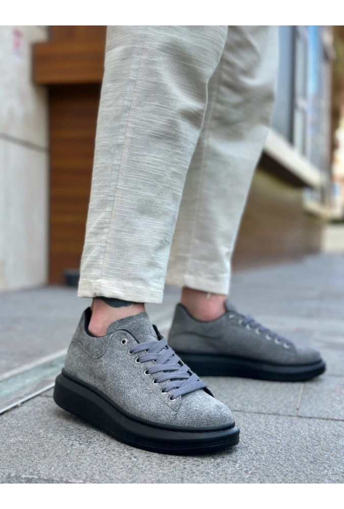 Shoecide Sb0547 Boa Kalın Yüksek Taban Gri Siyah Süet Bağcıklı Spor Erkek Ayakkabı