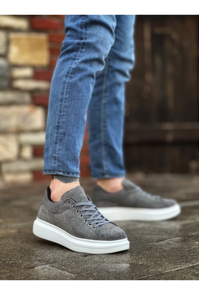 Shoecide Sb0547 Boa Kalın Yüksek Taban Gri Süet Bağcıklı Spor Erkek Ayakkabı