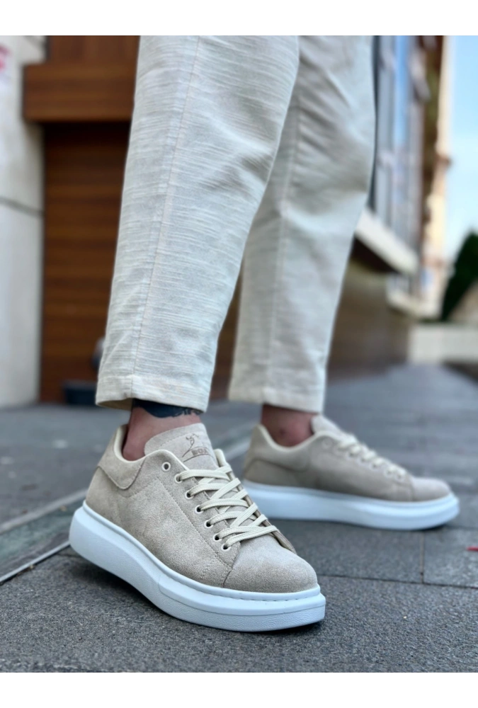 Shoecide Sb0547 Boa Kalın Yüksek Taban Krem Süet Bağcıklı Spor Erkek Ayakkabı