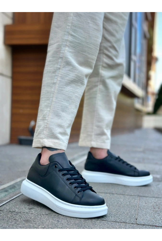 Shoecide Sb0547 Boa Kalın Yüksek Taban Siyah Beyaz Bağcıklı Spor Erkek Ayakkabı