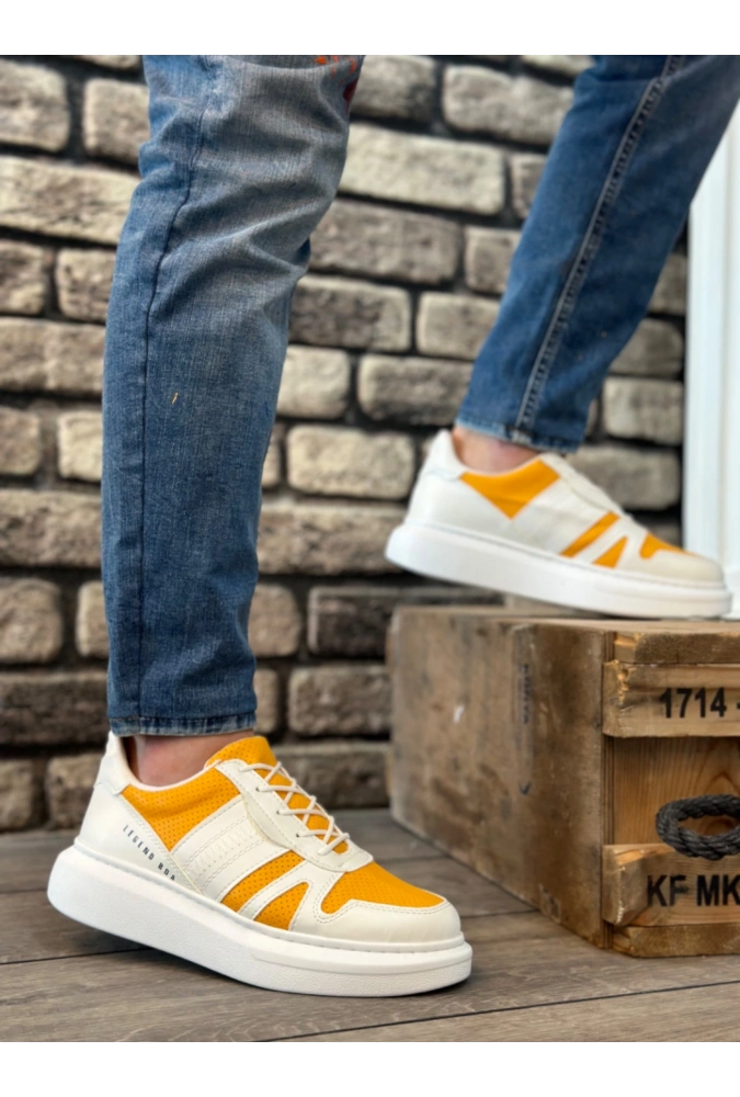 Shoecide Sb0548 Boa Kalın Yüksek Beyaz Hardal Beyaz Taban Bağcıklı Spor Erkek Ayakkabı