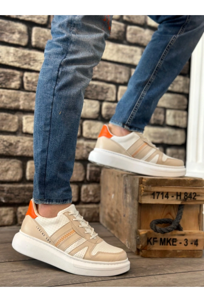 Shoecide Sb0548 Boa Kalın Yüksek Krem Beyaz Taban Beyaz Bağcıklı Spor Erkek Ayakkabı