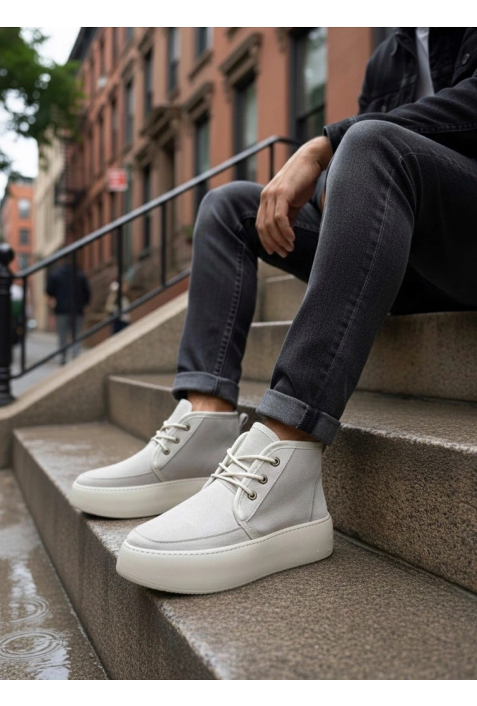 Shoecide Sb0550 İçi Kürklü Bağcıklı Krem Erkek Tarz Spor Bot