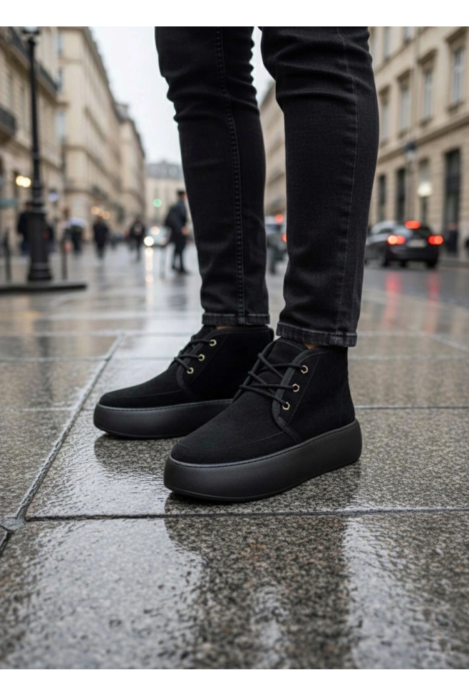 Shoecide Sb0550 İçi Kürklü Bağcıklı Siyah Taban Erkek Tarz Spor Bot