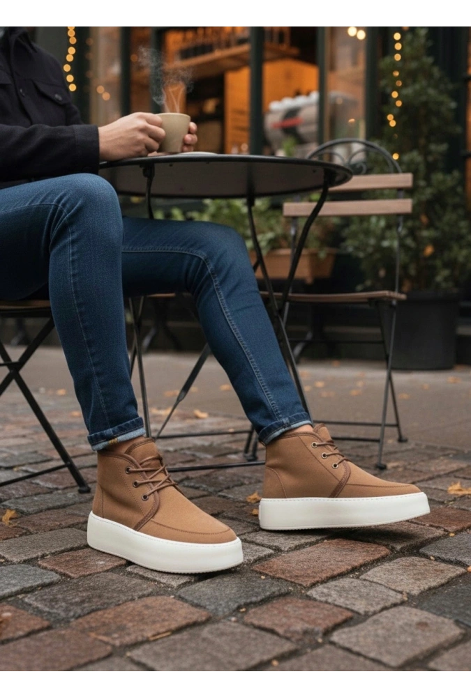 Shoecide Sb0550 İçi Kürklü Bağcıklı Taba Krem Taban Erkek Tarz Spor Bot