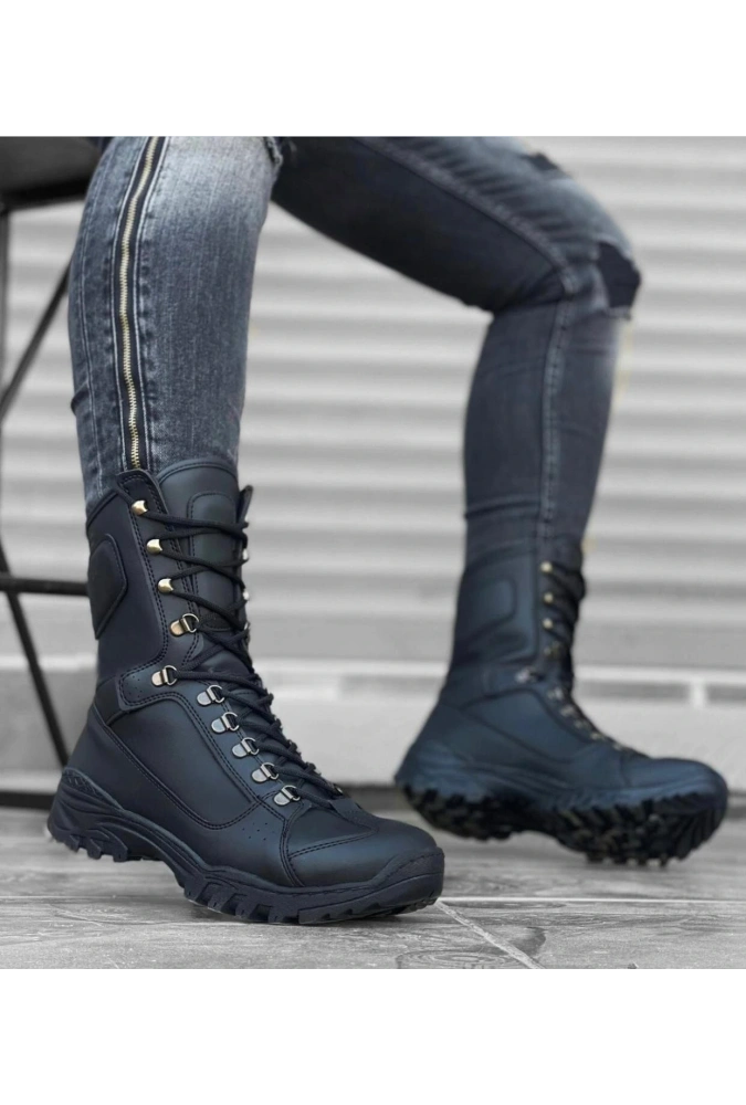 Shoecide Sb0605 Bağcıklı Siyah Cilt Askeri Postal Bot