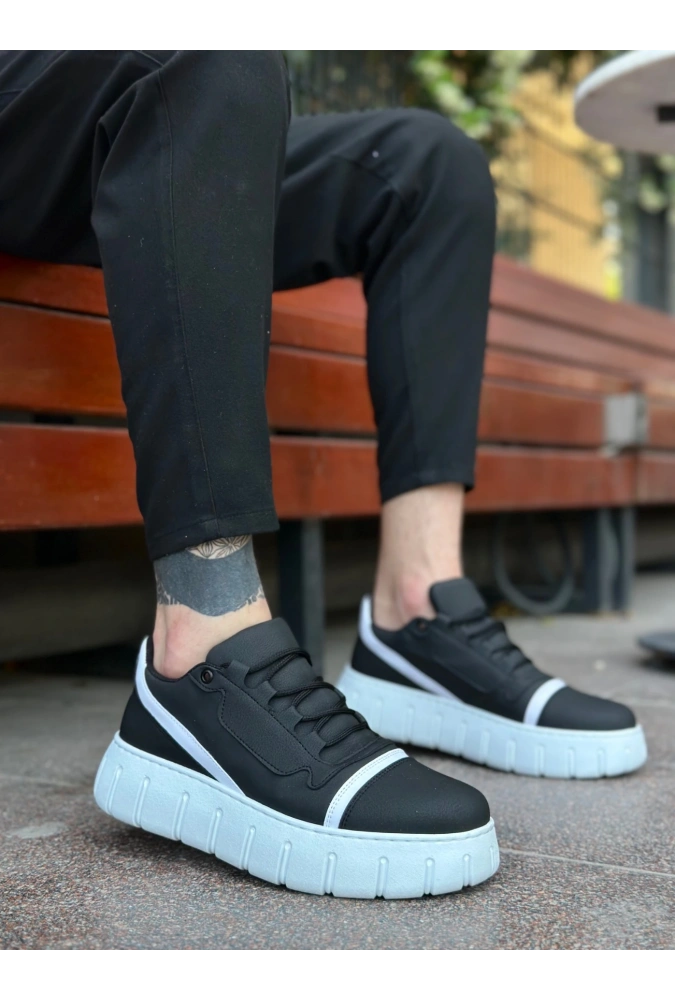 Shoecide Sb0666 Boa Siyah Beyaz Yüksek Taban Erkek Günlük Ayakkabı