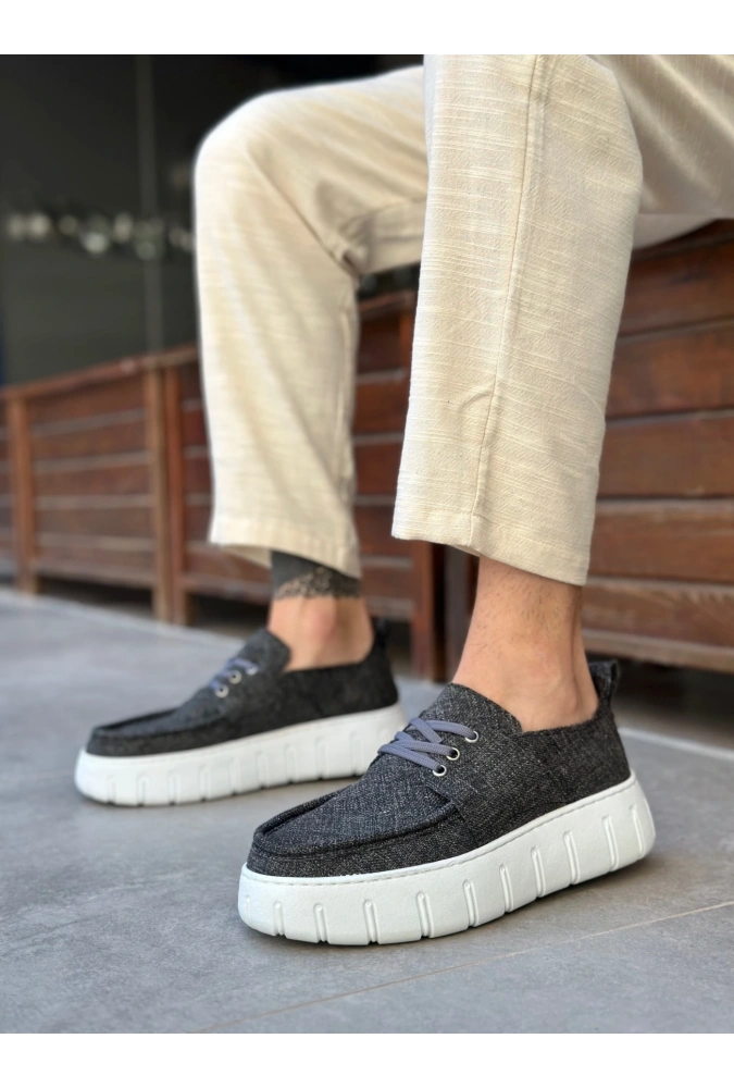 Shoecide Sb0676 Boa Gri Keten Yüksek Taban Erkek Yazlık Ayakkabı