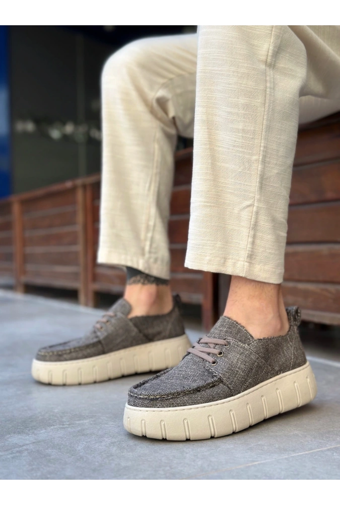 Shoecide Sb0676 Boa Kahverengi Keten Yüksek Taban Erkek Yazlık Ayakkabı