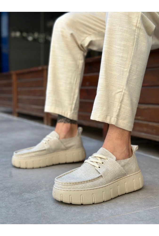 Shoecide Sb0676 Boa Krem Keten Yüksek Taban Erkek Yazlık Ayakkabı