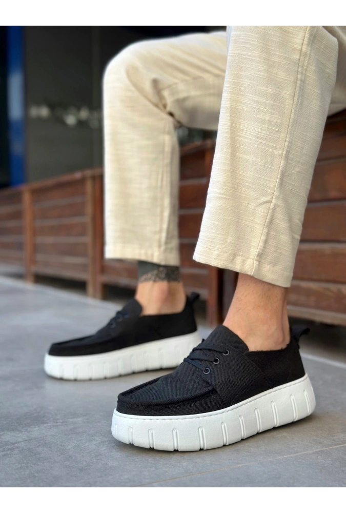 Shoecide Sb0676 Boa Siyah Keten Yüksek Beyaz Taban Erkek Yazlık Ayakkabı