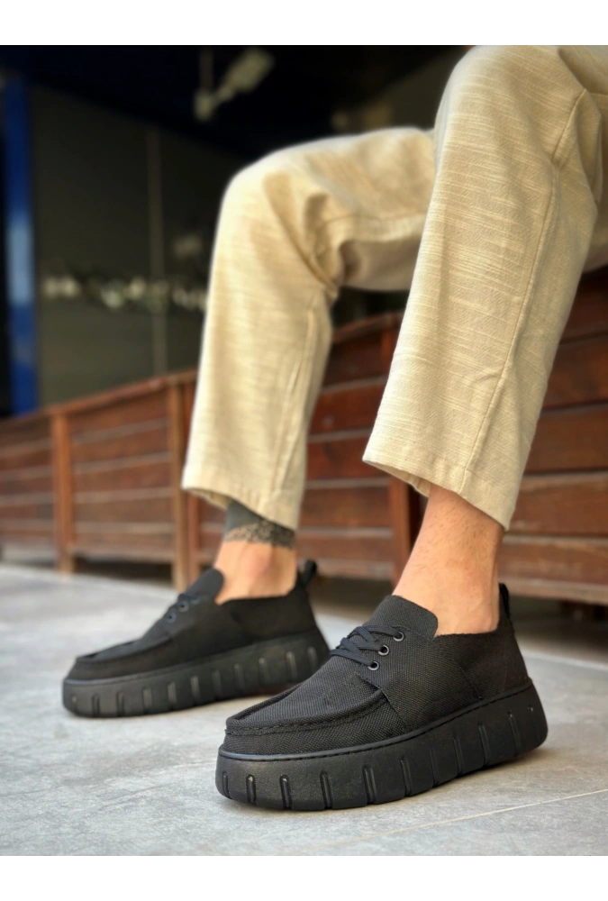 Shoecide Sb0676 Boa Siyah Keten Yüksek Taban Erkek Yazlık Ayakkabı
