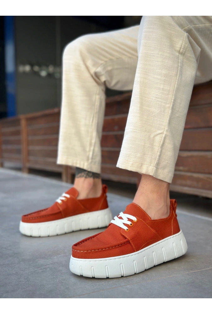Shoecide Sb0676 Boa Turuncu Keten Yüksek Taban Erkek Yazlık Ayakkabı
