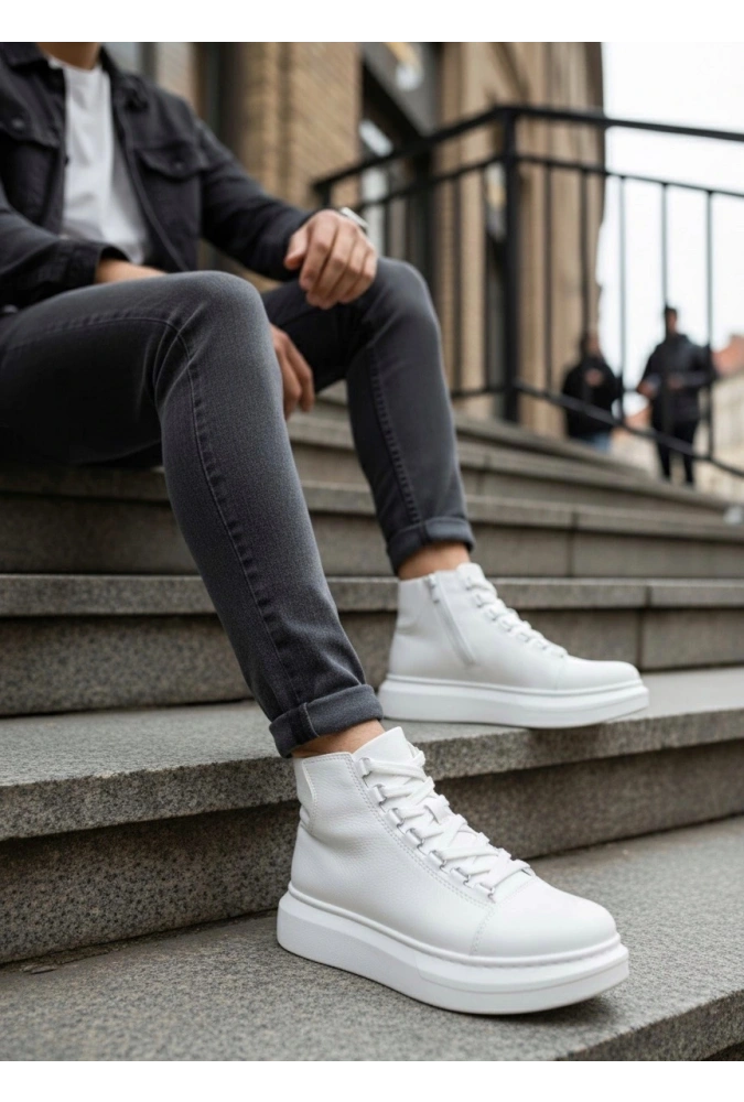 Shoecide Sb0713 Bağcıklı Beyaz Yüksek Taban Erkek Tarz Spor Bot