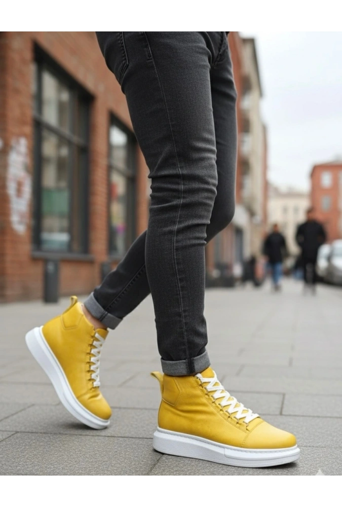Shoecide Sb0713 Bağcıklı Sarı Yüksek Taban Erkek Tarz Spor Bot