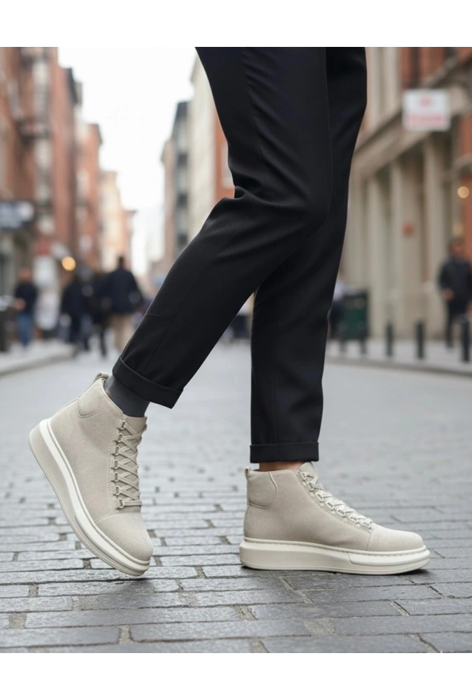 Shoecide Sb0713 Bağcıklı Süet Bej Yüksek Taban Erkek Tarz Spor Bot