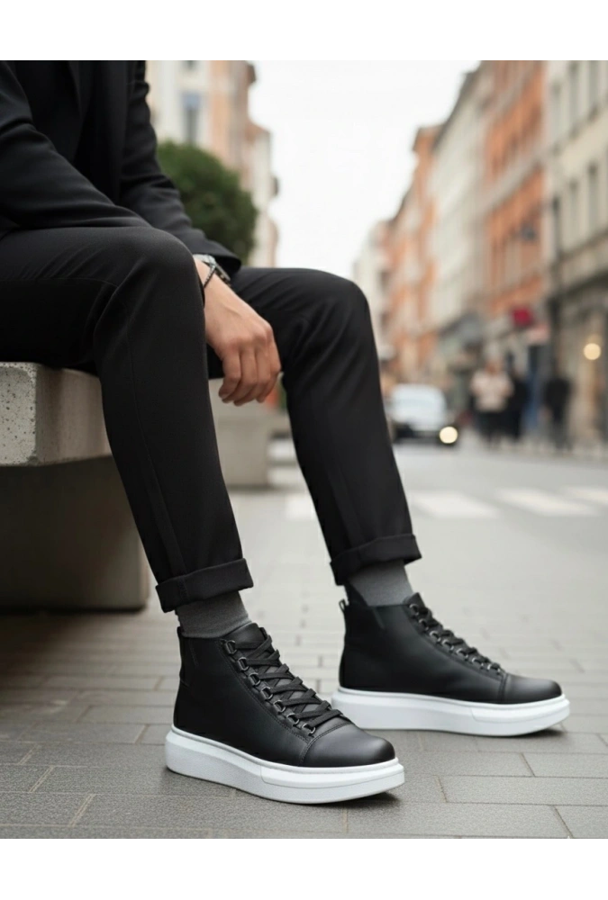 Shoecide Sb0713 Bağcıklı Yüksek Siyah Beyaz Taban Erkek Tarz Spor Bot