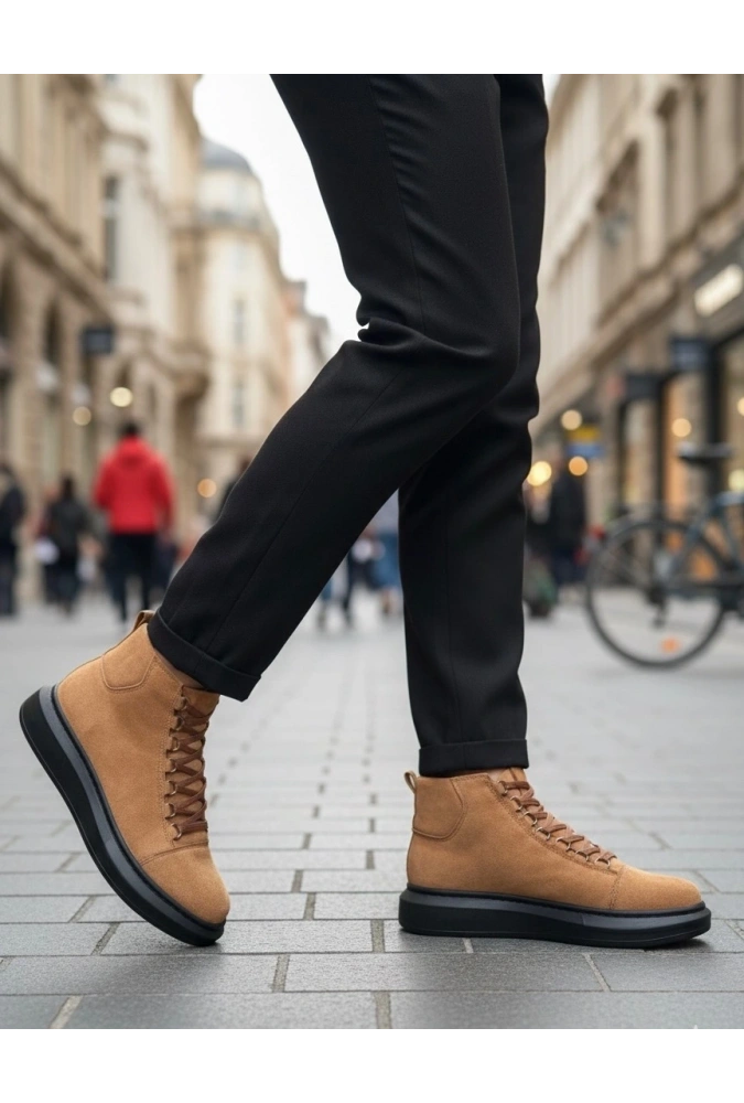 Shoecide Sb0713 Bağcıklı Yüksek Taba Süet Siyah Taban Erkek Tarz Spor Bot