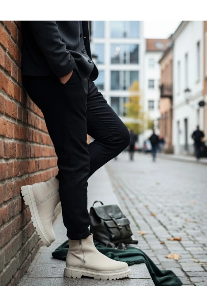 Shoecide Sb0777 Süet Bej Çift Fermuarlı Erkek Yarım Bilek Bot