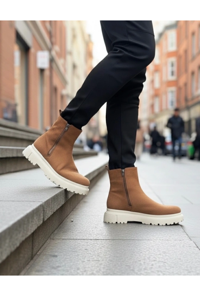 Shoecide Sb0777 Süet Taba Krem Taban Çift Fermuarlı Erkek Yarım Bilek Bot