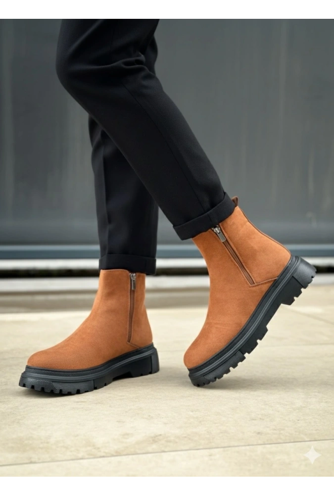 Shoecide Sb0777 Süet Taba Siyah Taban Çift Fermuarlı Erkek Yarım Bilek Bot