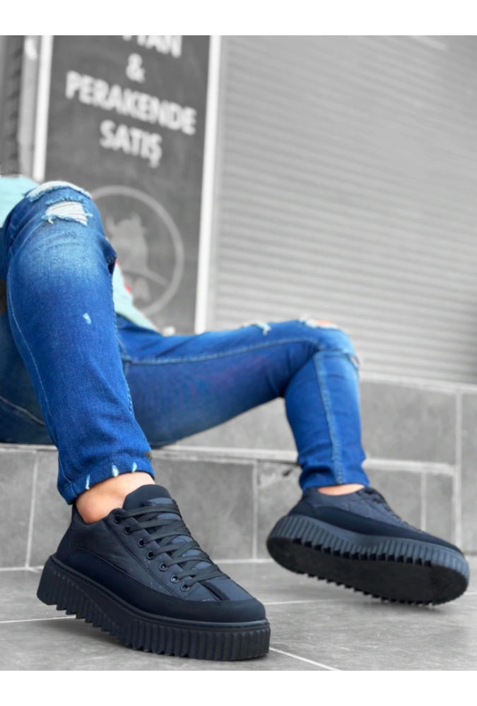 Shoecide Sb0801 Boa Siyah Yüksek Taban Siyah Paraşüt Kumaş Cilt Detaylı Erkek Ayakkabı