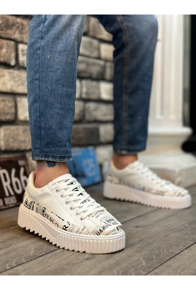 Shoecide Sb0801 Boa Yüksek Taban Gazete Desenli Erkek Spor Ayakkabı