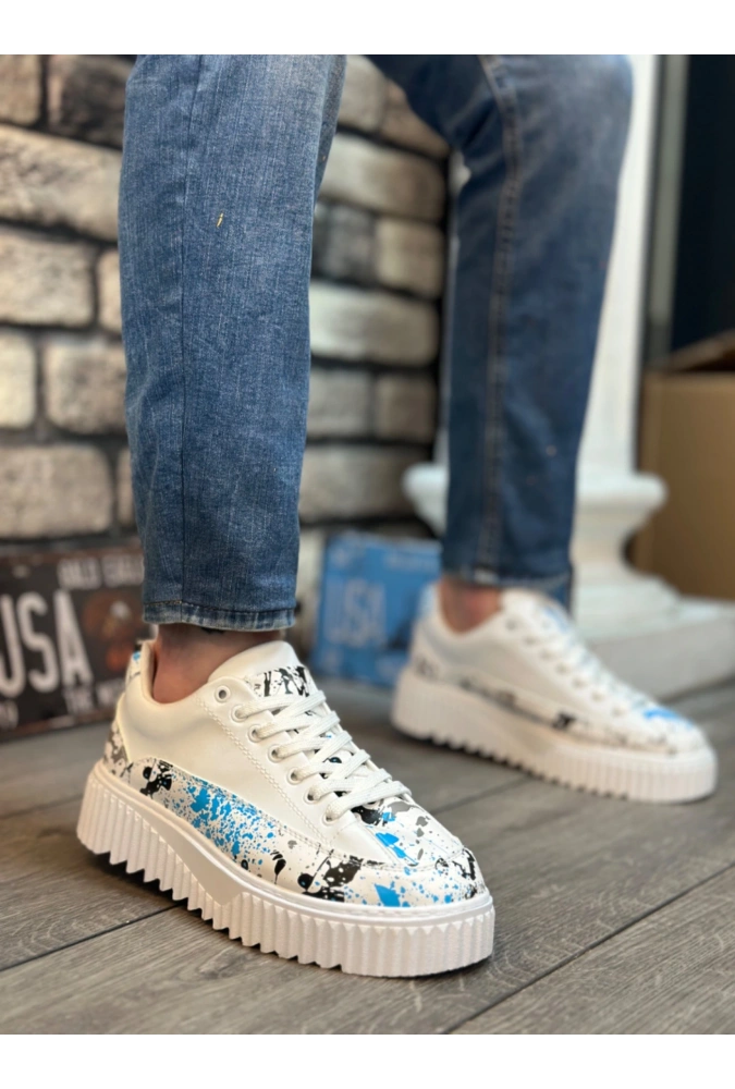 Shoecide Sb0801 Boa Yüksek Taban Mavi Desenli Erkek Spor Ayakkabı