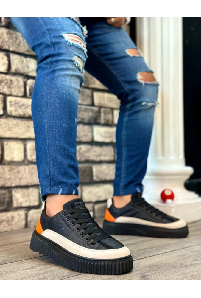 Shoecide Sb0801 Boa Yüksek Taban Siyah Paraşüt Kumaş Turuncu Cilt Detaylı Erkek Ayakkabı