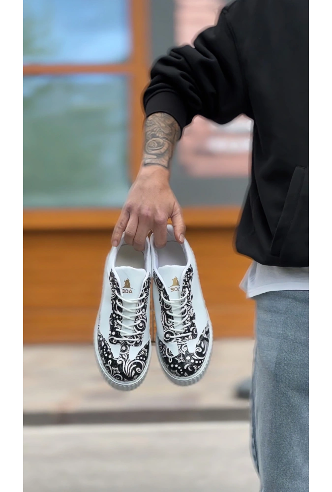Shoecide Sb0802 Boa Gotik Desenli Beyaz Yüksek Taban Erkek Günlük Ayakkabı