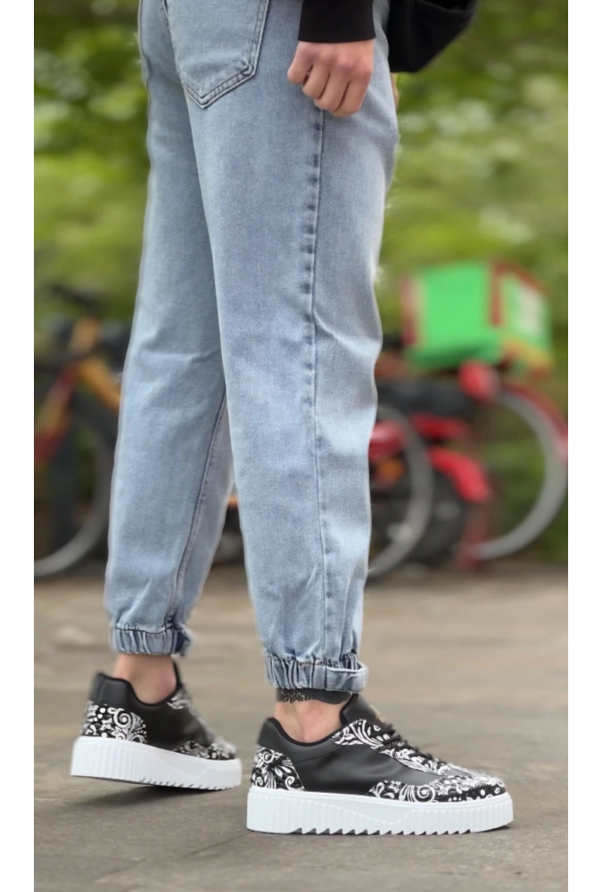 Shoecide Sb0802 Boa Gotik Desenli Siyah Beyaz Yüksek Taban Erkek Günlük Ayakkabı