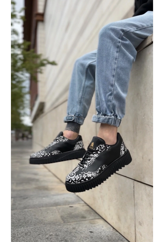 Shoecide Sb0802 Boa Gotik Desenli Siyah Yüksek Taban Erkek Günlük Ayakkabı