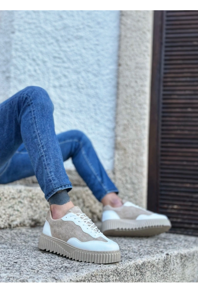 Shoecide Sb0802 Boa Krem Süet Yüksek Taban Erkek Günlük Ayakkabı