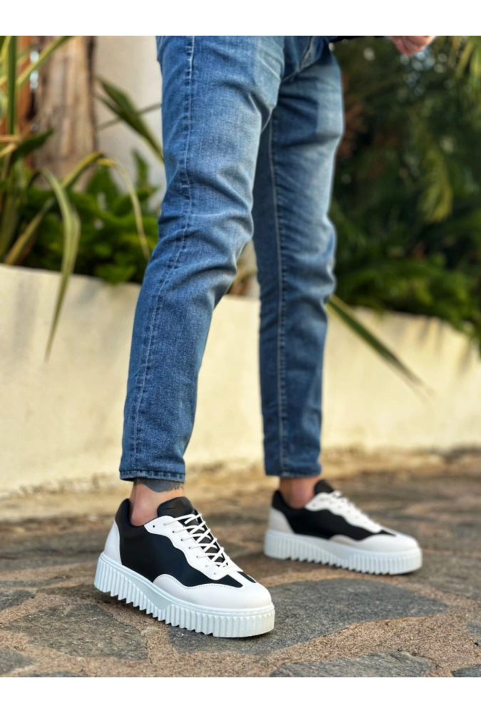 Shoecide Sb0802 Boa Siyah Renk Beyaz Parçalı Yüksek Taban Erkek Günlük Ayakkabı