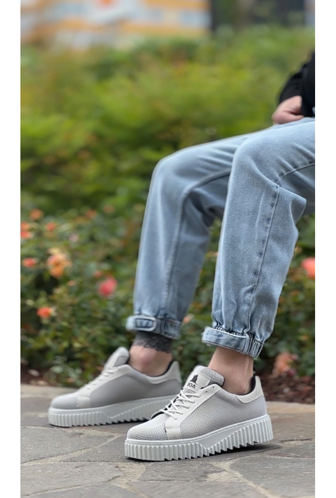 Shoecide Sb0803 Boa Yüksek Taban Gri Triko Gri Taban Erkek Ayakkabı