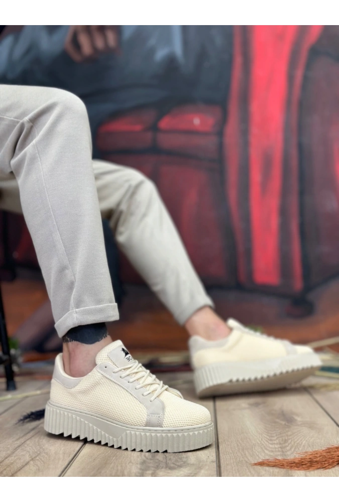 Shoecide Sb0803 Boa Yüksek Taban Triko Krem Erkek Ayakkabı