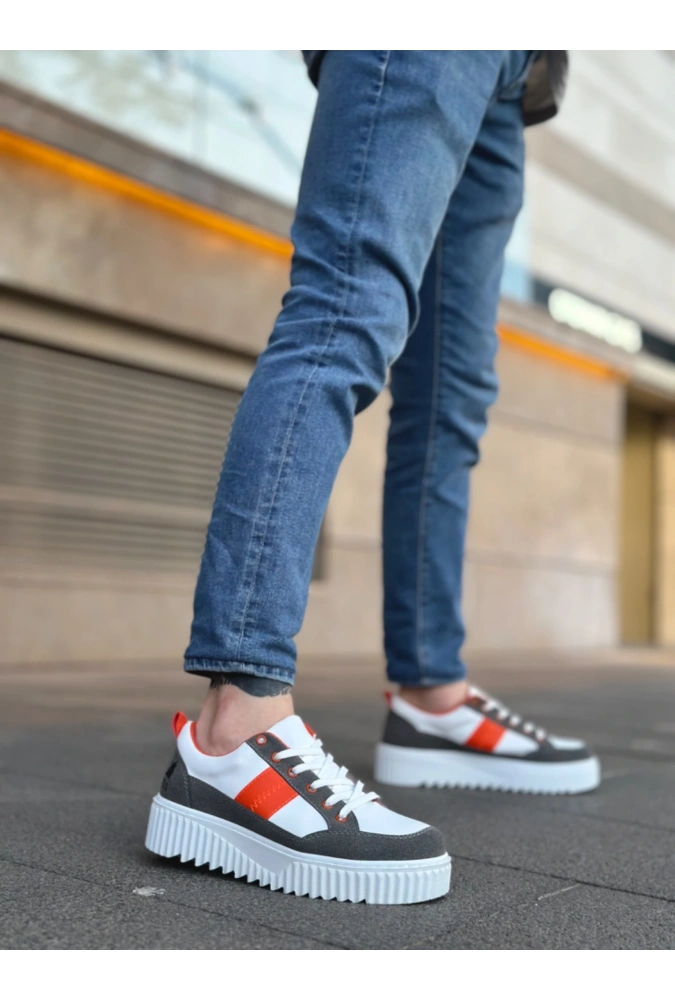 Shoecide Sb0804 Boa Yüksek Beyaz Taban Turuncu Detaylı Bağcıklı Erkek Ayakkabı