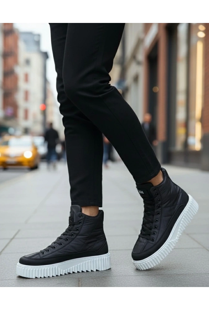 Shoecide Sb0811 Boa Yüksek Beyaz Taban Siyah Paraşüt Kumaş Cilt Detaylı Yarım Bilek Spor Bot