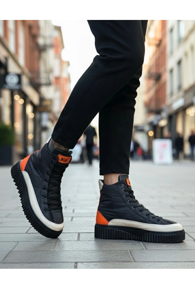 Shoecide Sb0811 Boa Yüksek Siyah Taban Paraşüt Kumaş Turuncu Cilt Detaylı Yarım Bilek Spor Bot