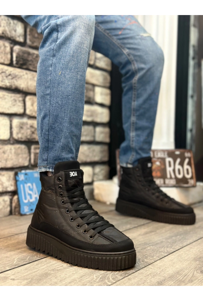 Shoecide Sb0811 Boa Yüksek Siyah Taban Siyah Paraşüt Kumaş Cilt Detaylı Yarım Bilek Spor Bot