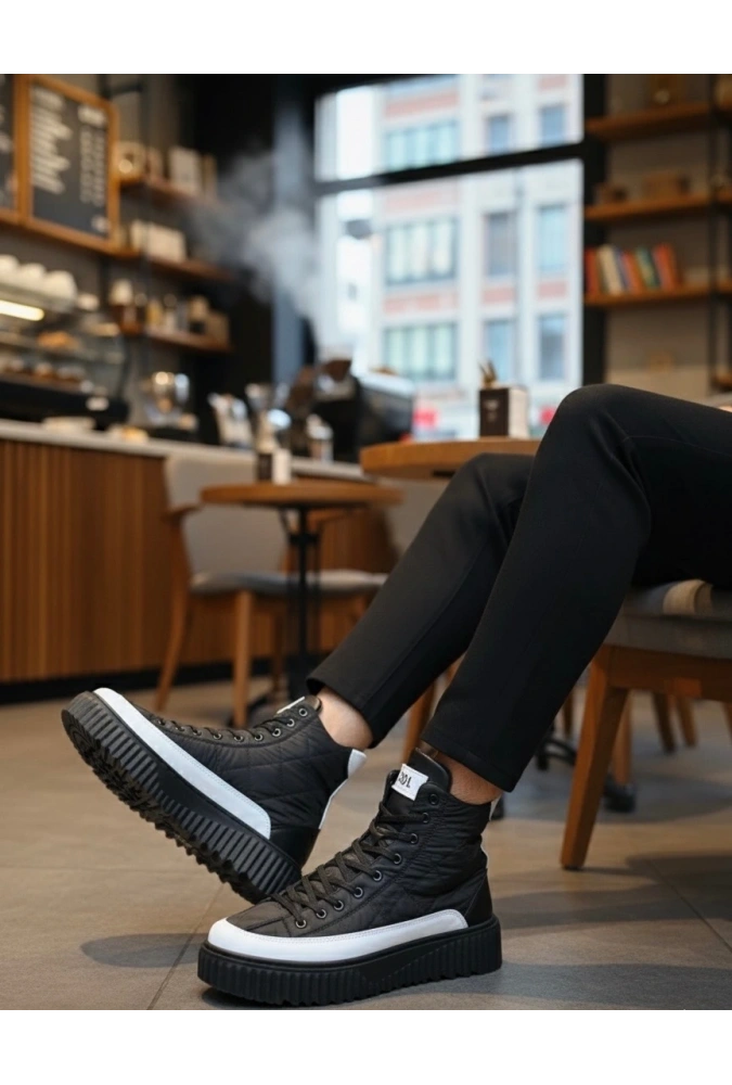 Shoecide Sb0811 Boa Yüksek Taban Siyah Paraşüt Kumaş Beyaz Cilt Detaylı Yarım Bilek Spor Bot