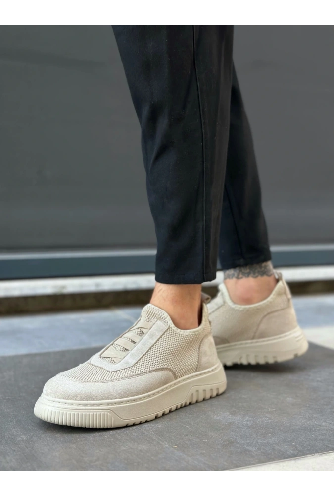 Shoecide Sb0911 Özel Örme Triko Deri Tozu Detaylı Bej Günlük Spor Ayakkabı