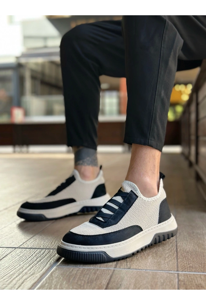 Shoecide Sb0911 Özel Örme Triko Deri Tozu Detaylı Bej Siyah Günlük Spor Ayakkabı