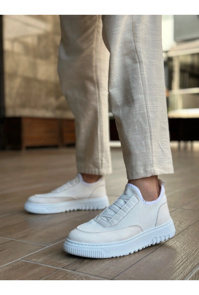 Shoecide Sb0911 Özel Örme Triko Deri Tozu Detaylı Beyaz Günlük Spor Ayakkabı