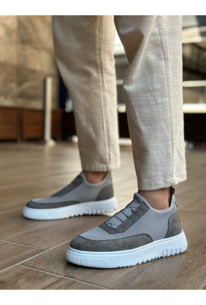 Shoecide Sb0911 Özel Örme Triko Deri Tozu Detaylı Gri Günlük Spor Ayakkabı