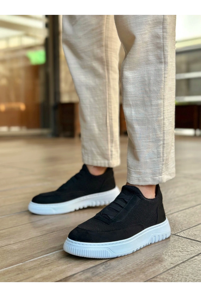 Shoecide Sb0911 Özel Örme Triko Deri Tozu Detaylı Siyah Günlük Spor Ayakkabı
